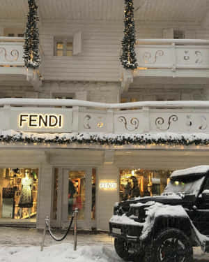 被雪覆蓋的FENDI商店，外面停著一輛被雪覆蓋的SUV。 — 4:5 壁紙