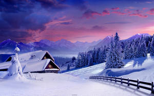 山谷中帶溫暖燈光的雪中小屋，暮色時分。 — 冬季風景 壁紙