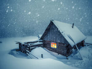 在暴風雪中的舒適小屋，窗戶發出光芒。 — 冬季風景 壁紙