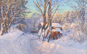 雪地森林中的紅色小屋，光禿樹木和陽光 — 冬季美學 壁紙
