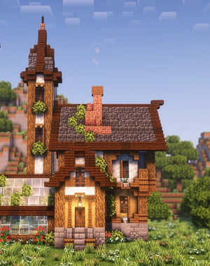 一間舒適的Minecraft房屋，有木樑和石頭地基，周圍環繞著綠意。 — 可愛 Minecraft 壁紙
