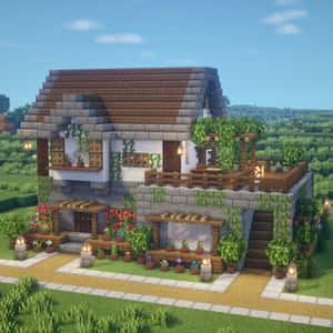 一間舒適的Minecraft房屋，擁有石牆、木質陽台和草地上色彩繽紛的花朵。 — 可愛 Minecraft 壁紙