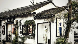 多雲天空下，帶有常春藤和人體模型的傳統中式商店 — 中性 壁紙
