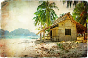 一間質樸的海灘小屋，周圍環繞著棕櫚樹和碧綠的海水，遠處有山巒。 — 3:2 壁紙