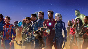 Marvel超級英雄團隊在星空下並肩而立。 — 漫威復仇者聯盟 壁紙