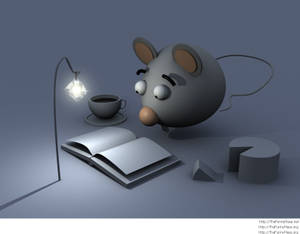 一隻卡通老鼠在燈下看書，旁邊有咖啡和3D形狀。 — 猛鼠小俠 壁紙