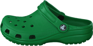 帶有通風孔和品牌標誌的綠色 Croc 木屐鞋。