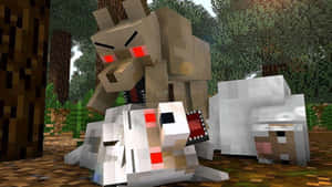 一隻像素化的狼在Minecraft森林中攻擊一隻羊。 — 酷炫狼 壁紙