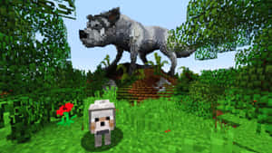 Minecraft玩家在綠色森林中面對一隻狼，周圍有紅色花朵。 — 可愛 Minecraft 壁紙