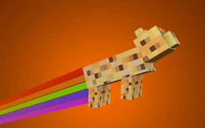 一隻Minecraft豬帶著彩虹軌跡在橙色背景上飛行。 — 可愛 Minecraft 壁紙