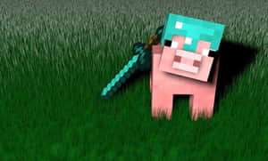 一隻Minecraft豬在綠色草地上拿著鑽石劍。 — 電玩遊戲 GIF 壁紙