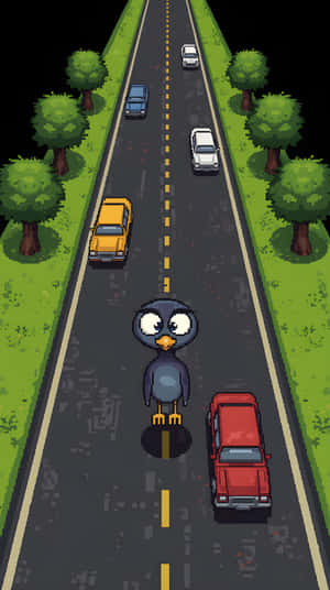 一隻卡通鳥站在道路中間，汽車在它周圍行駛。 — 電玩遊戲 GIF 壁紙
