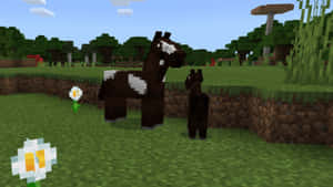 在藍天下，Minecraft草地田野中的像素化馬和花。 — 我的世界 壁紙