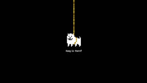 像素狗掛在繩子上，黑色背景上有文字「Hang in there」 — 像素藝術 壁紙