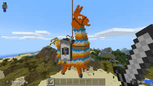 在Minecraft遊戲世界中，一隻披著彩色毯子的像素化羊駝。 — 我的世界 壁紙