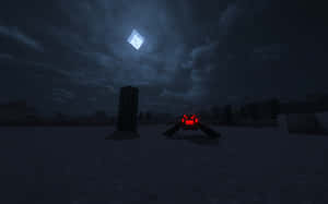 一隻像素化的蜘蛛，在黑暗的Minecraft夜晚場景中有著發光的紅色眼睛。 — 2880x1800 壁紙
