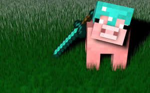 一隻Minecraft豬在高高的草叢中拿著鑽石劍。 — 豬 壁紙