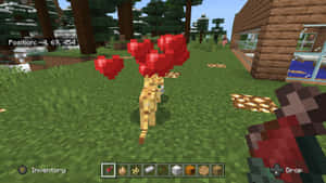 一隻像素化的貓帶著漂浮的紅色愛心在Minecraft森林的木屋附近。 — 可愛 Minecraft 壁紙