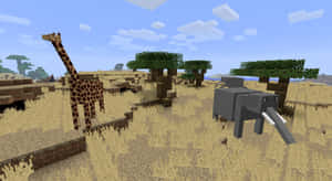 Minecraft稀樹草原生態域中的長頸鹿和大象，方塊狀的樹木和天空。 — 可愛 Minecraft 壁紙
