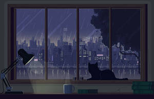 一隻像素藝術貓咪坐在窗邊，看著夜晚城市上的雨。 — 像素藝術 壁紙
