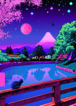 一隻像素藝術貓在橋上，看著粉紅色月亮和星空下發光的池塘。 — 像素藝術 壁紙