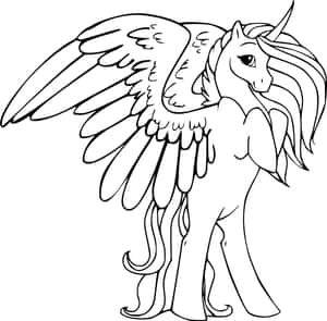 一隻有翼獨角獸，擁有飄逸的鬃毛和尾巴，以黑白線條藝術呈現。 — 獨角獸 壁紙