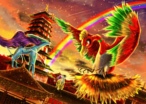 神話中的鳳凰和龍在彩虹和星星的發光寶塔上空飛翔。 — 寶可夢傳說 阿爾宙斯 壁紙