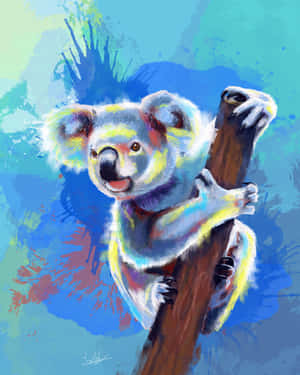 一幅色彩繽紛的水彩畫，描繪一隻無尾熊緊抓著樹枝。 — 無尾熊 壁紙