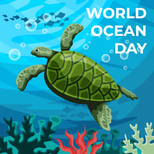綠海龜在珊瑚礁附近游泳，帶有World Ocean Day文字。 — iPad 第10代 壁紙