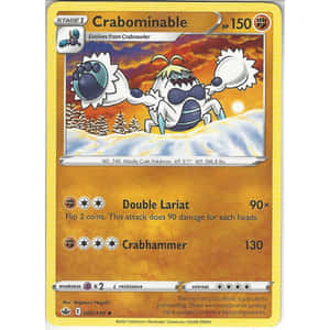 Crabominable 在雪地冬季場景中，有松樹和橙色天空。 — 卡蒂 B 壁紙
