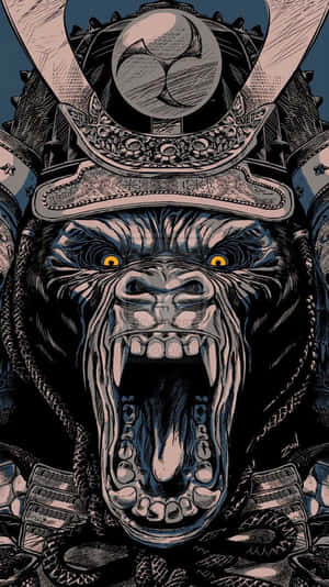 兇猛的大猩猩穿著武士盔甲，眼睛發光，正在咆哮。 — 大猩猩 壁紙