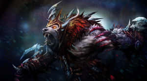 一隻擁有發光眼睛和尖刺盔甲的惡魔狼在黑暗的宇宙場景中咆哮。 — Dota 2 4K 壁紙