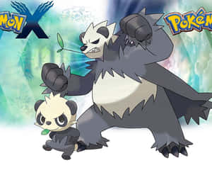來自 Pokémon X 的兩隻熊貓寶可夢角色，一隻成年和一隻寶寶，帶有綠色葉子。 — 動畫卡通 壁紙