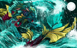 神話中的龍，金色翅膀和紅色點綴，在滿月下與海浪搏鬥。 — 神話生物 壁紙