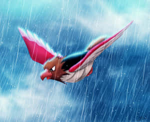 一隻鳥類寶可夢在傾盆大雨中帶著堅定的眼神飛行。 — 電玩遊戲 GIF 壁紙