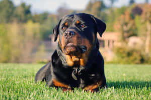 一隻羅威納犬在陽光明媚的戶外環境中，在綠色草地上休息。 — 吉娃娃 壁紙