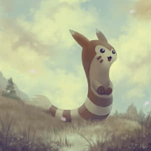 一隻快樂的 Rattata 站在多雲天空下的草地上。 — 可愛 壁紙