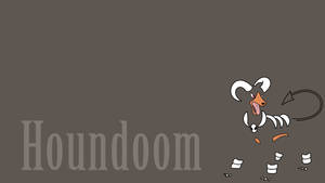 卡通 Houndoom，有白色角和尾巴漩渦，在棕色背景上，有灰色文字。 — 簡約 壁紙