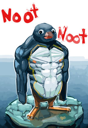 一隻肌肉發達的卡通企鵝站在岩石上，帶有「Noot Noot」文字。 — 企鵝 壁紙