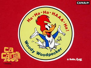 Woody Woodpecker 卡通標誌在紅色背景上大笑，帶有文字和標誌。 — 啄木鳥伍迪 壁紙