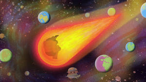 一隻大象騎著彗星穿過一個充滿活力的星系，星系中有類似地球的行星。 — 午夜 壁紙