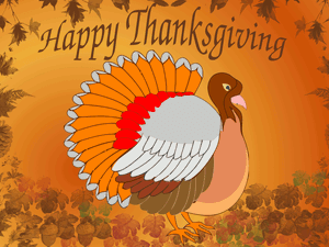 一隻卡通火雞被秋天的樹葉和橡子包圍，並帶有「Happy Thanksgiving」文字。 — 土耳其 壁紙