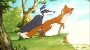 一隻卡通狐狸和獾一起站在森林中，獾的頭上有一隻鳥。 — 野生動物 壁紙