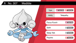 Meditite 在紅白色背景上擺出冥想姿勢，並顯示 Pokédex 數據。 — 高清 壁紙