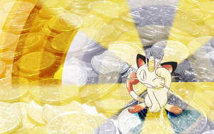 一隻卡通貓寶可夢被一堆堆金幣和銀幣包圍。 — 金色動態 壁紙