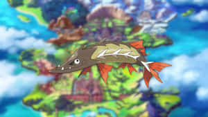 一隻帶有橙色魚鰭的魚類寶可夢在浮島上空飛行。 — 地形 壁紙