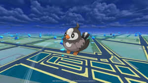 一隻鳥類寶可夢在黑暗的天空下漂浮在發光的迷宮上方。 — 電玩遊戲 GIF 壁紙