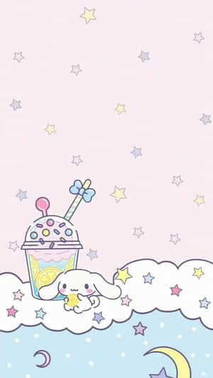 星空下，雲上的卡通兔子和巨型奶昔。 — 粉彩色粉紅 壁紙