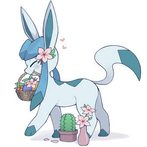 動漫兔子耳朵戴花，在盆栽仙人掌和花朵附近拿著水果籃。 — Glaceon 壁紙
