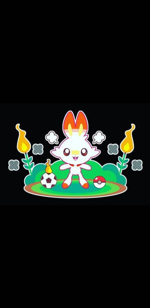 一隻有著火焰耳朵的卡通兔子站在草地上，旁邊有足球和花朵。 — Pokémon 手機 壁紙